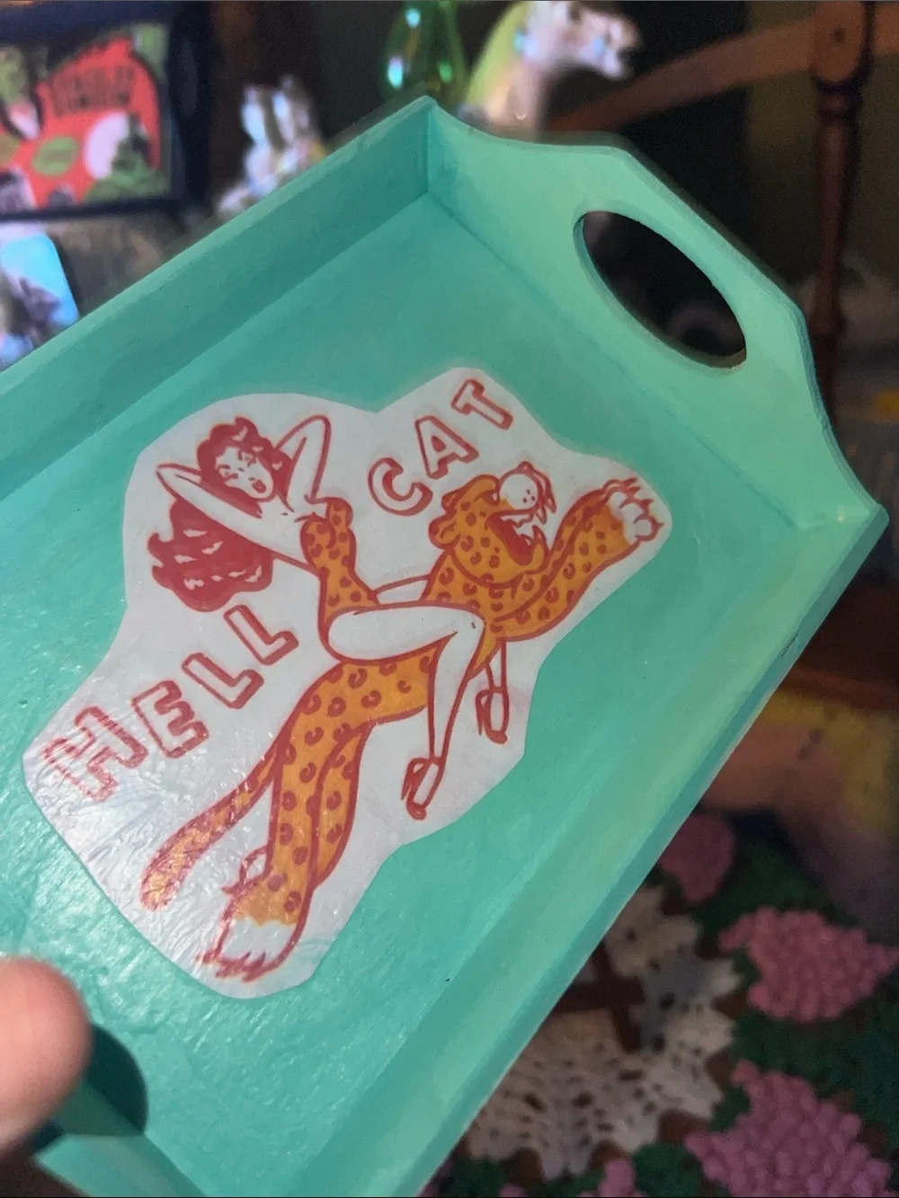 Turquoise 'Hell Cat' Decorative handpainted wood Tray